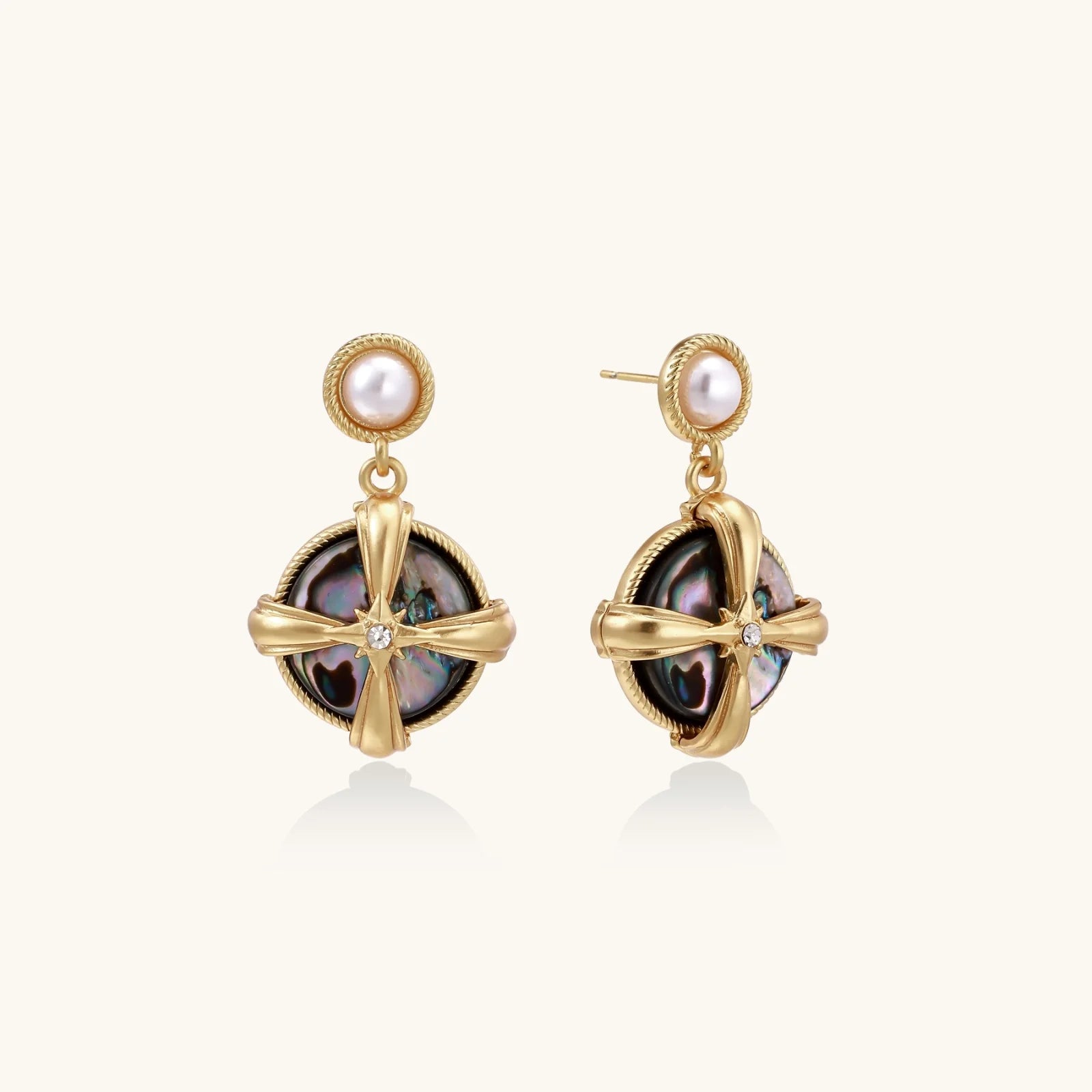 Gold-plated drop earrings with iridescent abalone shell and pearl studs in geometric cross design