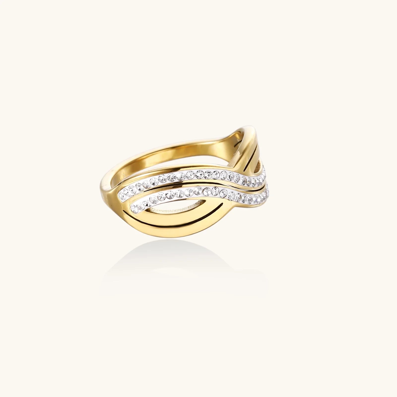 Gold-plated ring with interweaving wave bands and two rows of clear rhinestones creating an infinity pattern