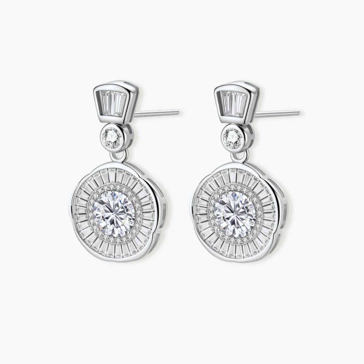 Art Deco-inspired sterling silver drop earrings with tiered moissanite stones in geometric sunburst design
