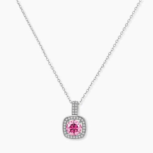 Sterling silver necklace with cushion-cut pink moissanite in diamond halo setting on white background