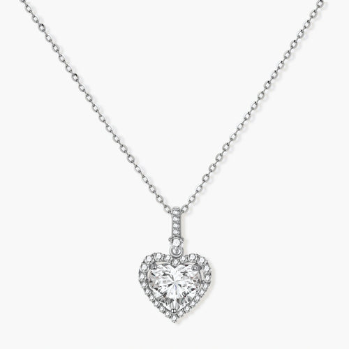 Sterling silver heart pendant necklace with brilliant moissanite center stone and halo setting on delicate chain