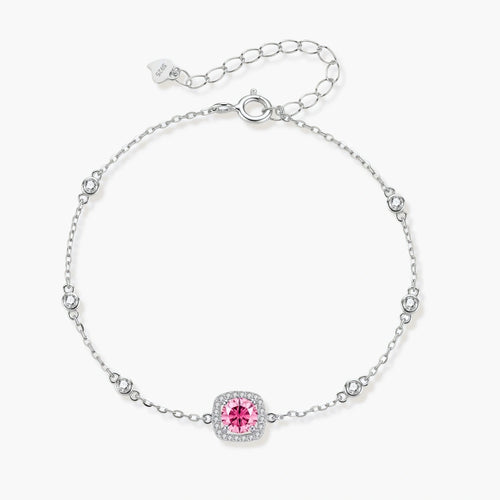 Elegant sterling silver chain bracelet featuring pink moissanite center stone in cushion halo setting with adjustable clasp