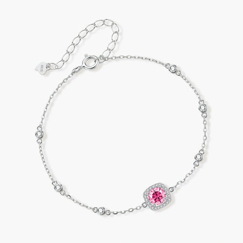 Elegant sterling silver chain bracelet featuring pink moissanite center stone in cushion halo setting with adjustable clasp