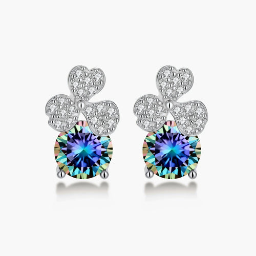 Sterling silver stud earrings with four-leaf clover design featuring small crystals above round moissanite stones