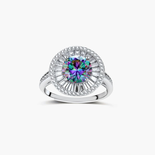 Close-up of sterling silver halo ring with round rainbow moissanite center stone surrounded by baguette-cut stones
