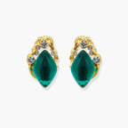 Gold-plated stud earrings featuring teardrop emerald green liuli stones with cubic zirconia crystal accents on white background.