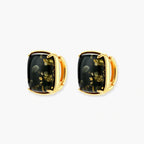 Elegant cushion-cut green amber earrings with golden inclusions in 18K gold-plated sterling silver settings.