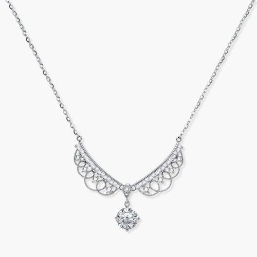 Delicate sterling silver necklace with intricate angel wing pendant featuring brilliant moissanite stones in openwork design