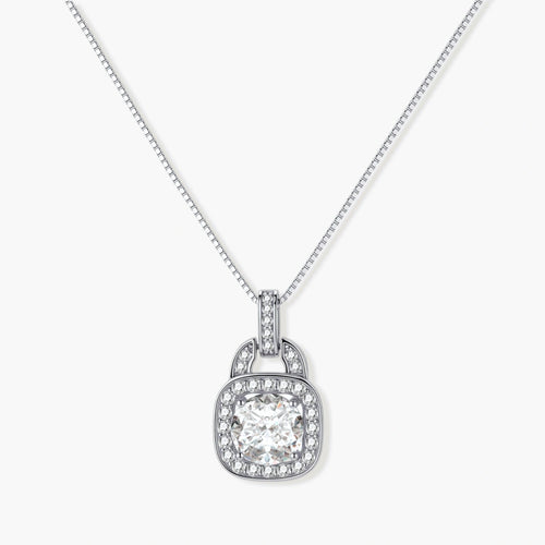 Sterling silver cushion halo pendant necklace featuring 2ct moissanite center stone with delicate box chain on neutral background.