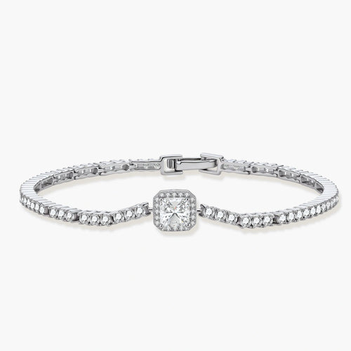 Sterling silver tennis bracelet with cushion-cut moissanite centerpiece surrounded by smaller stones in continuous setting