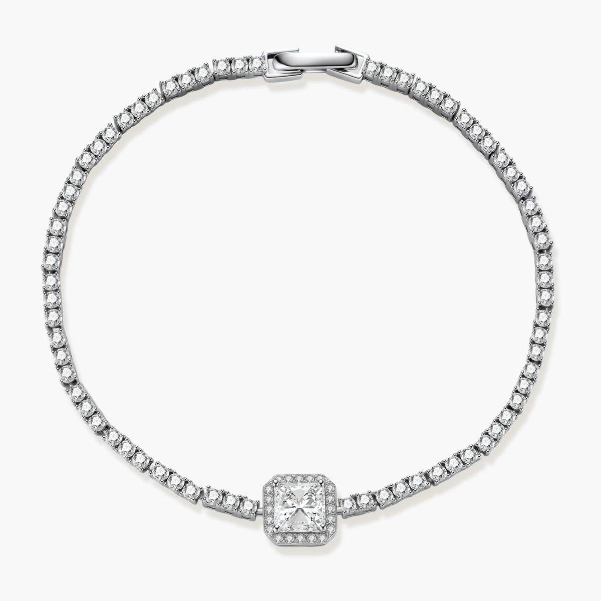 Sterling silver tennis bracelet with cushion-cut moissanite centerpiece surrounded by smaller stones in continuous setting