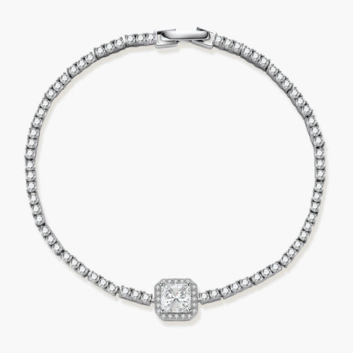 Sterling silver tennis bracelet with cushion-cut moissanite centerpiece surrounded by smaller stones in continuous setting