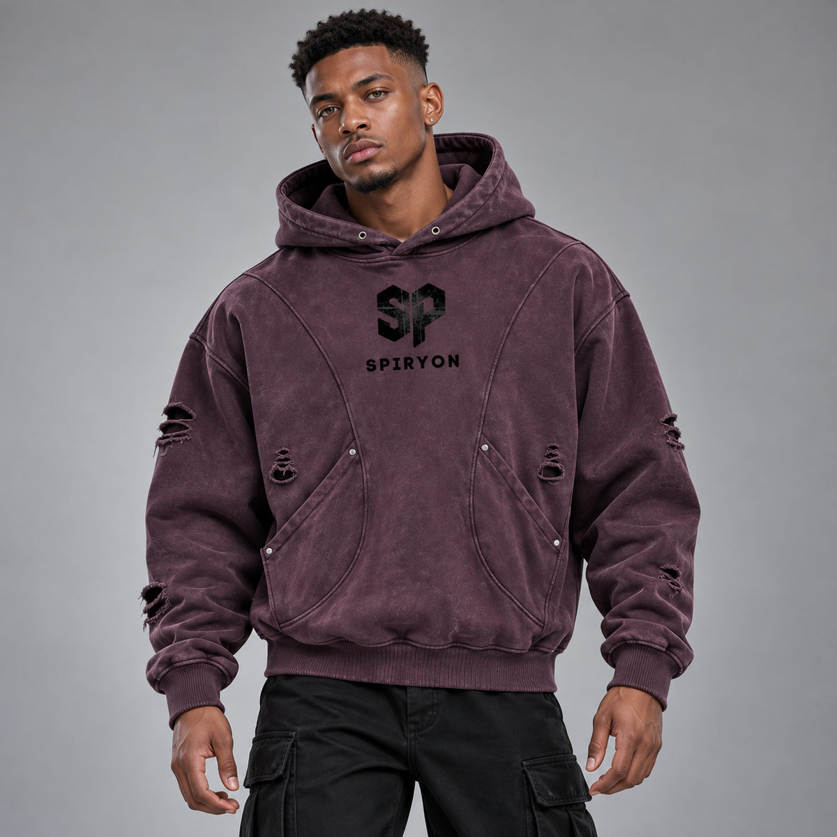 Snow Washed Distressed Panel Pocket Hoodie