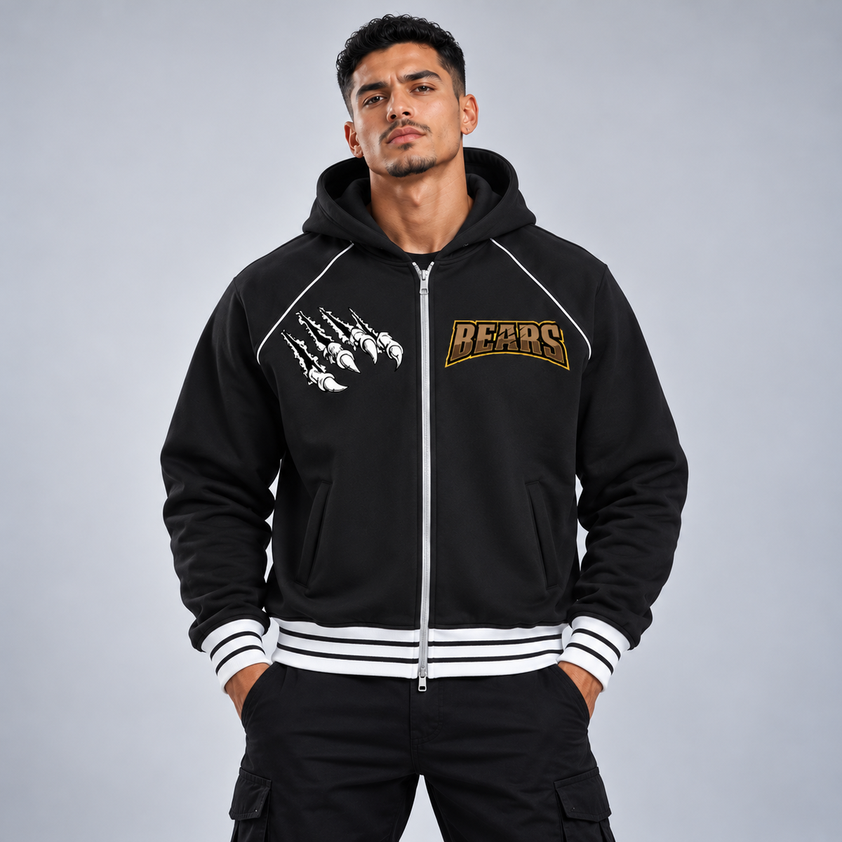 Striped Trim Zip-Up Hoodie